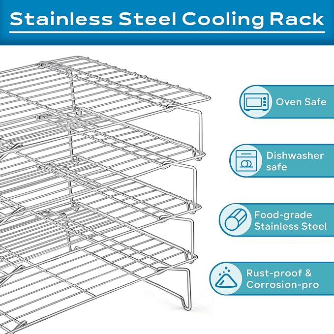 Leonyo 4-Tier 15x10IN Cookie Cooling Rack for Cooking Stackable Collapsible | Stainless Steel Cookie Cooling Racks For Cooking Baking, Wire Cookies Rack for Drying Pizza with Raised Legs, Dishwasher Safe