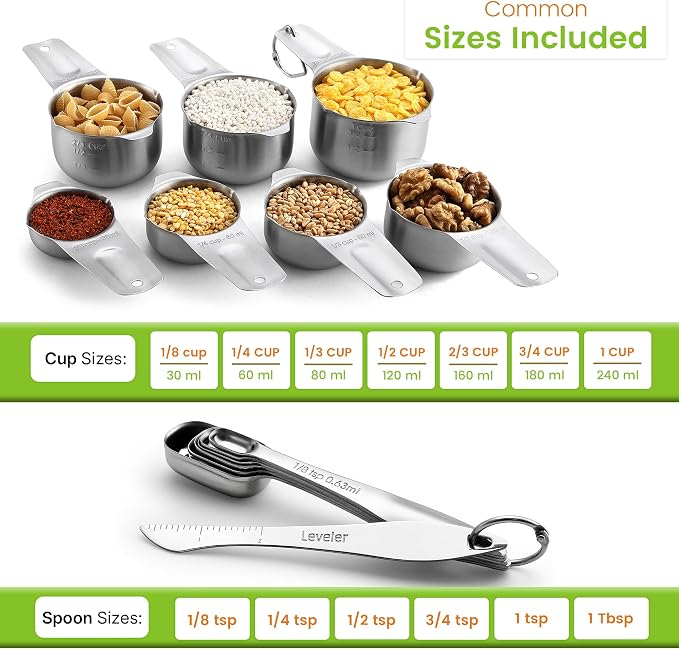 Spring Chef Stainless Steel Measuring Cups and Spoons Set of 14 w/Leveler | Nesting Metal Measuring Cups for Kitchen & Rectangular Teaspoon & Tablespoon Measuring Spoons for Dry and Liquid Ingredients