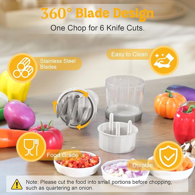 Food Chopper with Container, 360-Degree Blades, Dishwasher Safe, White | Onion & Vegetable Chopper,Handheld Garlic Nut Veggie Cutter,Clear Bowl for Easy Texture Checks,Smooth Push-Down Chopping
