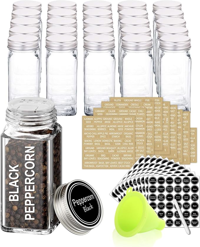 SWOMMOLY 25 Pcs 4 oz Glass Spice Jars with 703 Spice Labels and Shaker Lids | Empty Spice Containers with Airtight Lids, Chalk Marker, Funnel - Square Seasoning Bottles for Spice Racks, Cabinets, Drawers
