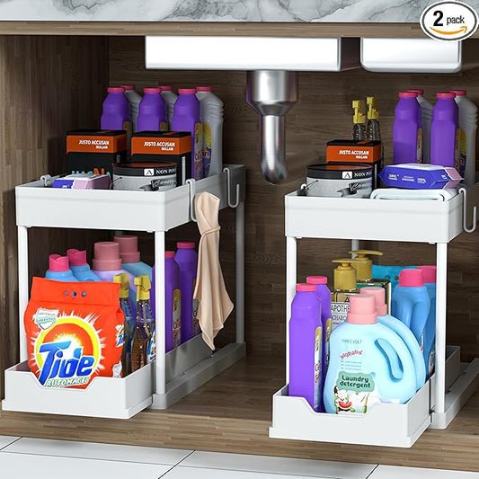 MEAFBIRD 2 Pack Under Sink Organizer, 2 Tier Bathroom Cabinet Organizer with Sliding Basket, Multi-Purpose Under Sink Organizers and Storage for Bathroom Kitchen (White 2 Pack)
