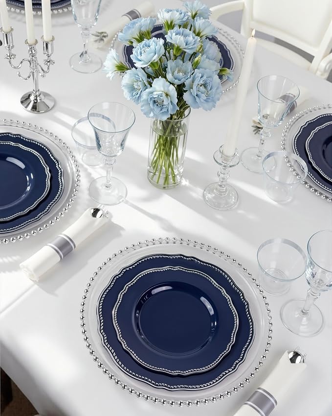 350 Pcs Blue Silver Plastic Plates Wedding & Party | Silver Plastic Dinnerware Set Includes 50 Dinner Plates, 50 Dessert Dinnerware, 50 Cups, 50 Napkins