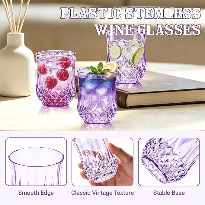 24 Pack 12 Oz Plastic Stemless Wine Glasses, Purple | Unbreakable, Reusable, Elegant Vintage Design, Fancy Cocktail Cups, Whiskey, Champagne, Wedding, Party, Bars, Holiday Events