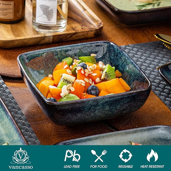 vancasso Stern Dinnerware Sets for 4, 16 Piece Stoneware Plates and Bowls Set, Square Reactive Glaze Ceramic Dish Set with Dinner Plates, Salad Plates, Cereal Bowls and Pasta Bowls, Green