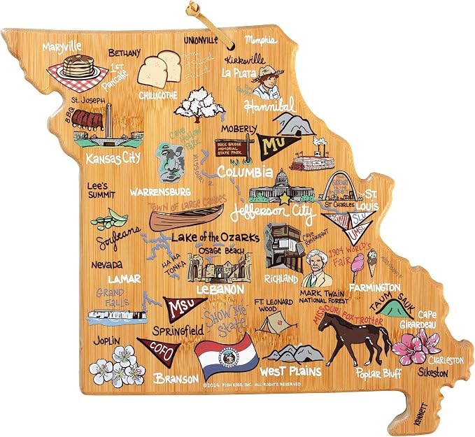 Totally Bamboo Missouri State Shaped Cutting Board, Art by Fish Kiss | State charcuterie board with colorful hand-drawn map artwork. Smooth reverse side for food prep. Hang tie for wall display.
