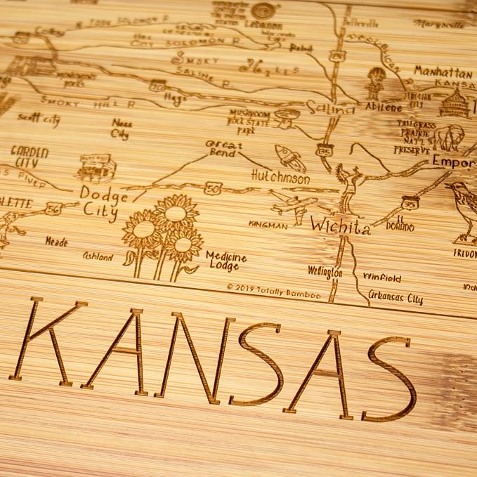 Totally Bamboo A Slice of Life Kansas Engraved Map Cutting Board | 11” x 8.75” charcuterie board with engraved state map artwork. Smooth reverse side for food prep. Hang tie for wall display.