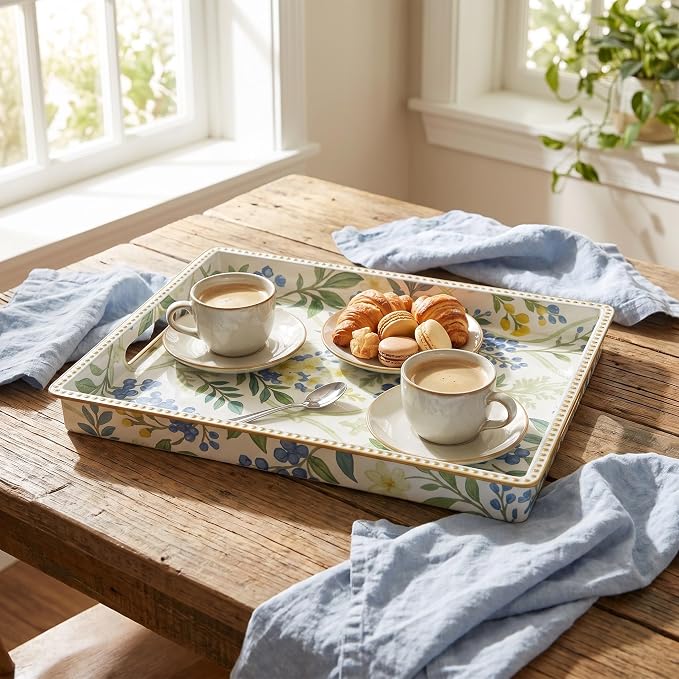 Decorative Serving Tray, Vintage Blue Berry Plastic Tray with Handles & Gold Rim, Multipurpose Storage Tray for Coffee Table, Bathroom, Kitchen & Entryway Home Decor. 15.7" x 11.8" x 1.57"