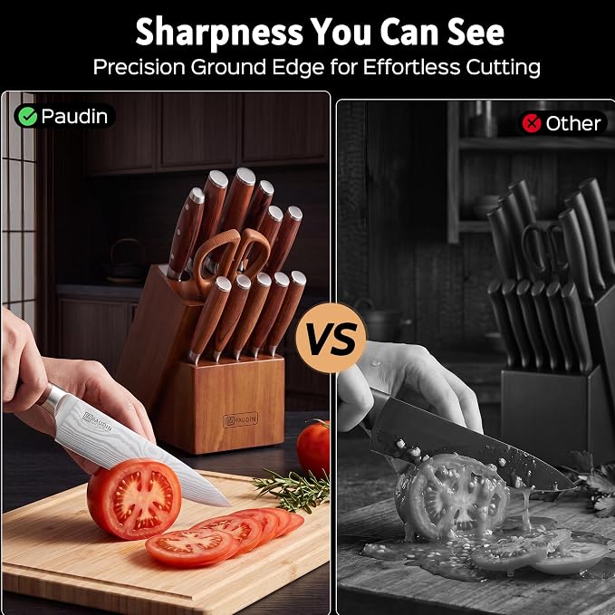 PAUDIN 16-Piece Kitchen Knife Set with Block, Built-in Sharpener, Ultra Sharp 5Cr15Mov Stainless Steel Chef Knives, Natural Wood Handles, Steak Knives, Scissors & Honing Rod, Complete Cutlery Set