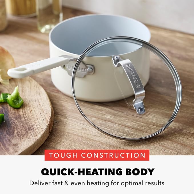 GreenPan x Bobby Flay 2.5QT Ceramic Nonstick Saucepan with Glass Lid, Cream | PFAS-Free Diamond Ceramic Nonstick Chef Pan, Silicone Handle, Induction & All Stovetop Compatible, Dishwasher and Oven Safe