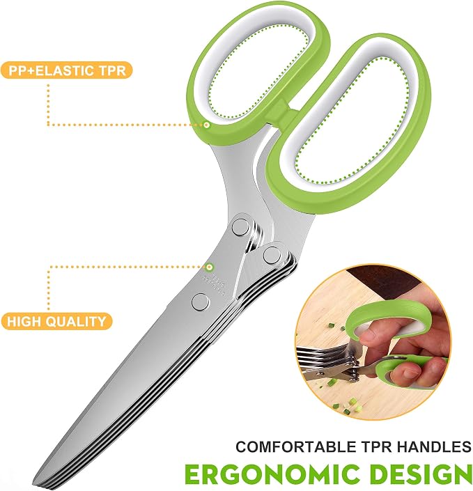 Herb Scissors with 5 Blades and Cover, Kitchen Herb Cutter with Cleaning Comb, Stainless Steel Multi Blade Herb Shears for Basil Parsley Cilantro, Easy Clean Cooking Tool, Unique Kitchen Gadgets Gift