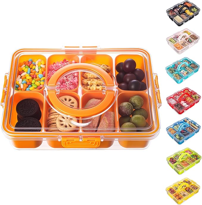 Dingerjar Divided Serving Tray with Lid and Handle - Snackle Box Charcuterie Container for Portable Snack Platters Organizer for Candy, Fruits, Nuts, Snacks - Perfect for Party, Entertaining, Orange