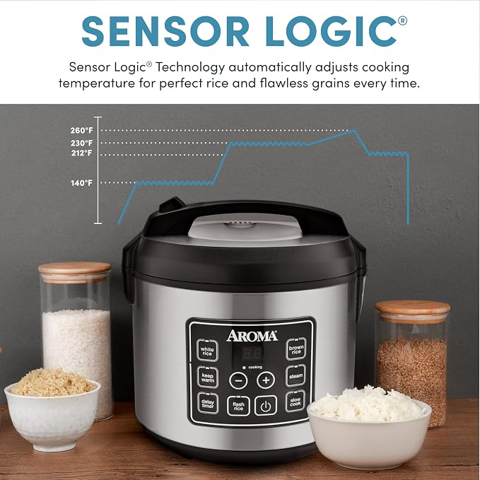 Aroma Housewares 20 Cup Cooked (10 cup uncooked) Digital Rice Cooker, Slow Cooker, Food Steamer, SS Exterior (ARC-150SB),Black