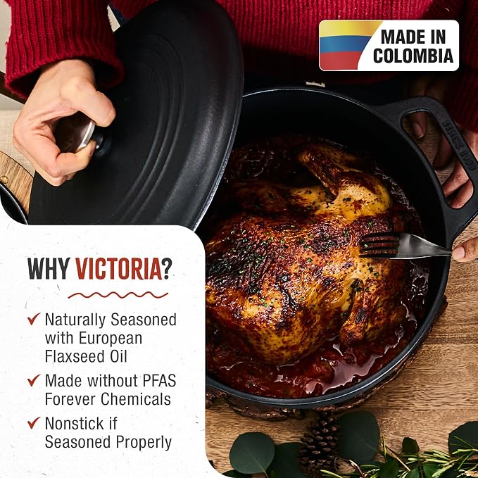 Victoria Cast Iron Large Dutch Oven with Lid and Dual Handles. 7 Quart Pot Seasoned with 100% Kosher Certified Non-GMO Flaxseed Oil