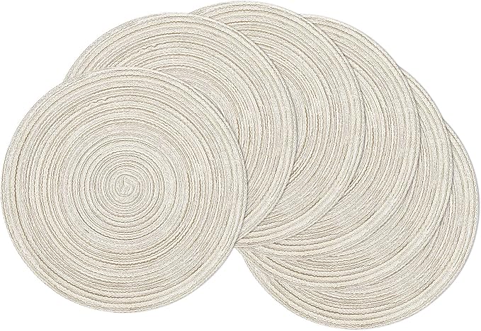 SHACOS Round Placemats Set of 6 Braided Circle Place Mat Washable 15 inch Table Mats for Kitchen Dining Table Decor Mixed Color (Ivory, 6)