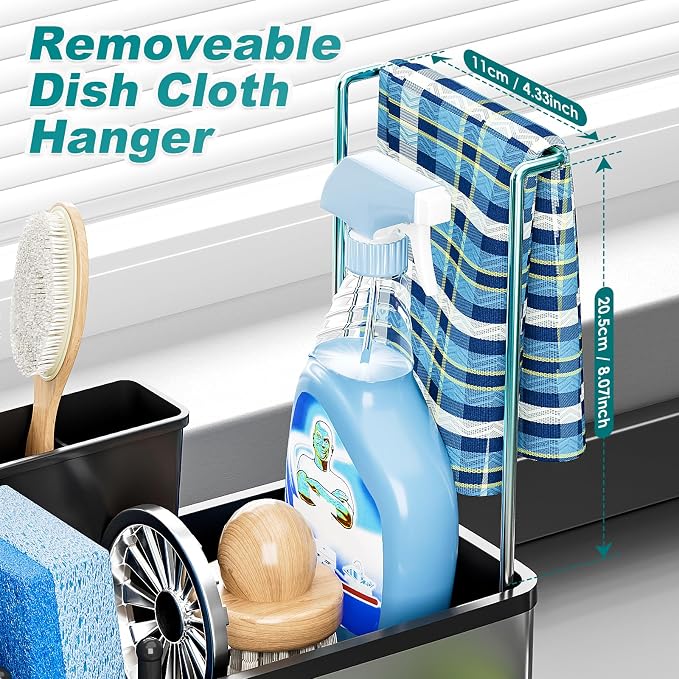 Ewaiira Stainless Steel Sink Caddy, Sponge Holder for Kitchen Sink 9.8″ | with Brush Holder and Towel Rack, Sink Organizer for Countertop, Soap Kitchen Organizers Storage Essentials, Black
