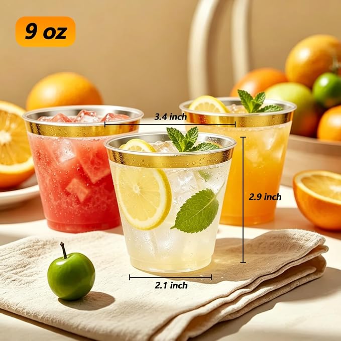 100 Pcs Disposable Stemless Glasses 9oz, Gold Plastic Cups Wine Glasses Clear Gold Rimmed Classic Cocktail Cup Champagne Flutes Party Cups for Birthday Valentine's Galentine's Day Wedding Christmas