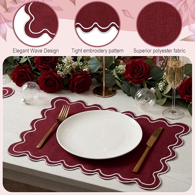 HunnmingRe Burgundy with White Set of 6 Cotton Linen Wedding Placemats, 13x19 Inch Scalloped Wavy Embroidery Placemat Double Layered Washable Rustic Rectangle Dinner Table Mat for Home Decor