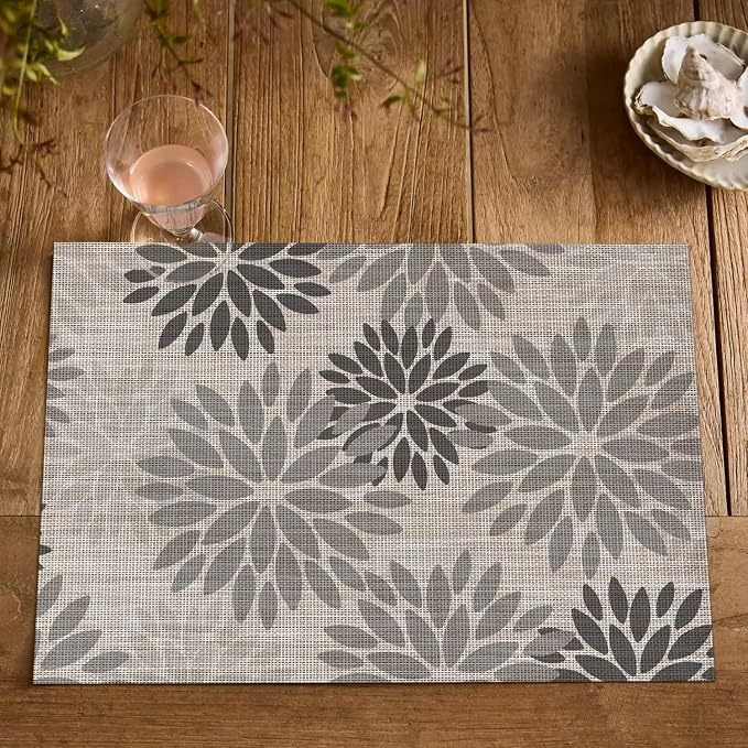 Artoid Mode Floral Vinyl Plastic Placemats Set of 4, 12x18 Inch Washable Non-Slip PVC Place Mats for Party Kitchen Dining Decor, Grey