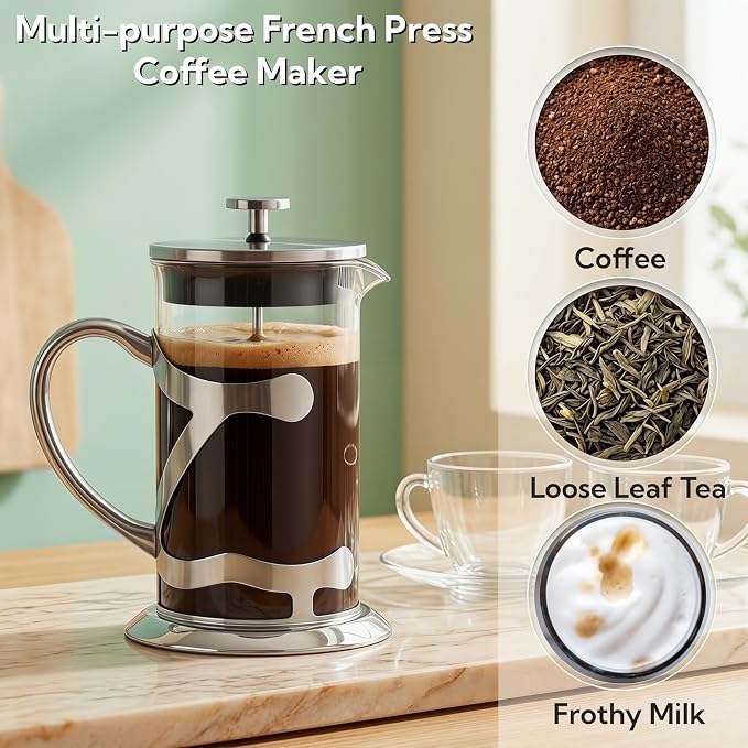 Stainless Steel French Press Coffee Maker 1L, 34oz Heat Resistant Borosilicate Glass Coffee Press with Coffee Measuring Spoon, Manual Brewer for Coffee and Tea
