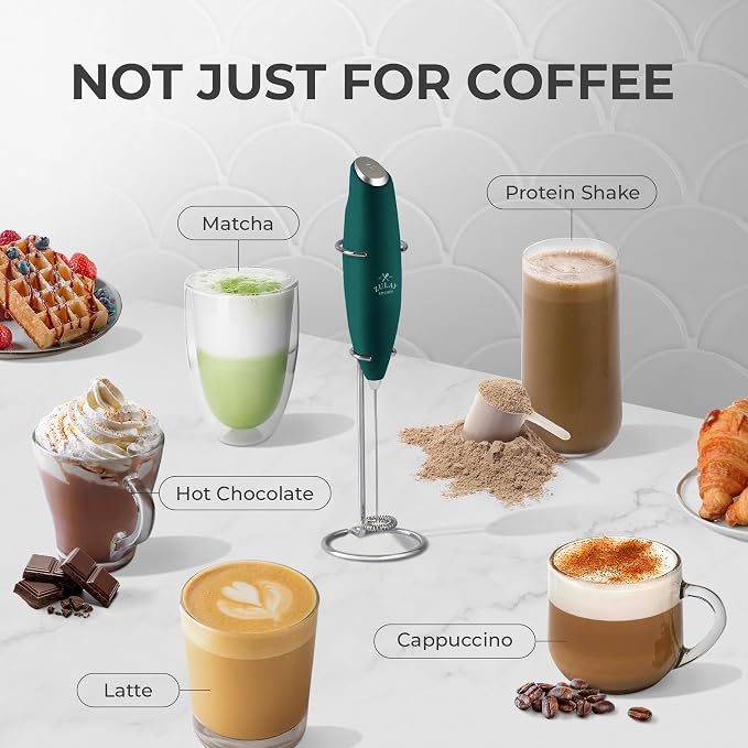 Zulay Kitchen Powerful Milk Frother Wand With Duracell Batteries - Ultra Fast Handheld Drink Mixer - Electric Whisk Foam Maker for Coffee, Lattes, Cappuccino & Matcha - Z1 Motor - Dark Green
