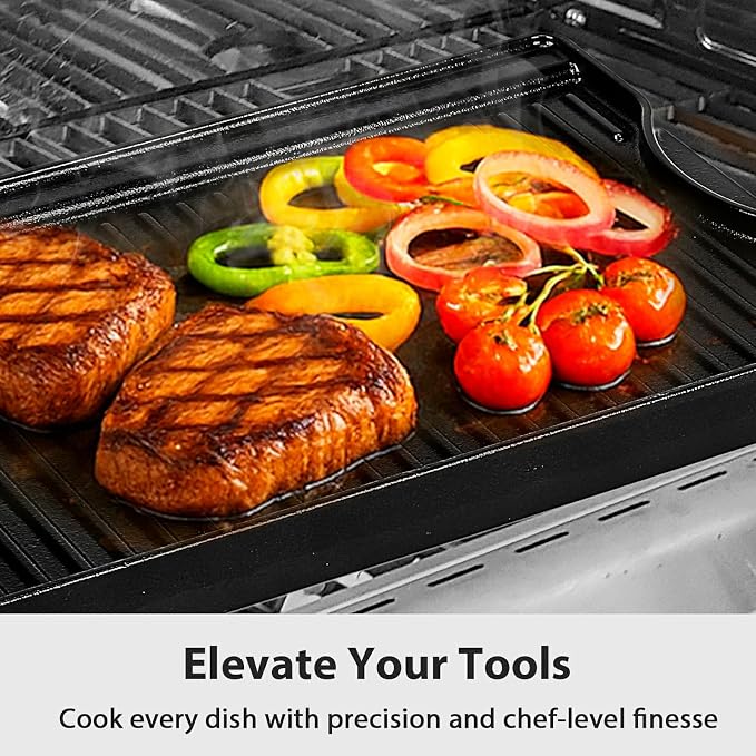Utheer 19.5x10.5 Reversible Cast Iron Griddle for Stovetop Gas Grill | Flat & Ribbed Ceramic Nonstick Griddle Fits Indoor Stovetop, Gas Grill and Outdoor BBQ; Reversible Cast Iron for Even Heat