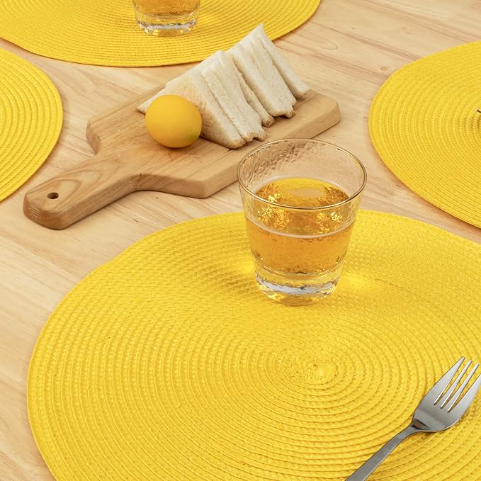 Winknowl Round Braided Placemats Set of 4 Washable Woven Heat Resistant Table Mats for Kitchen Dining Tables 15 inch Round Place Mats (Yellow,4pcs)