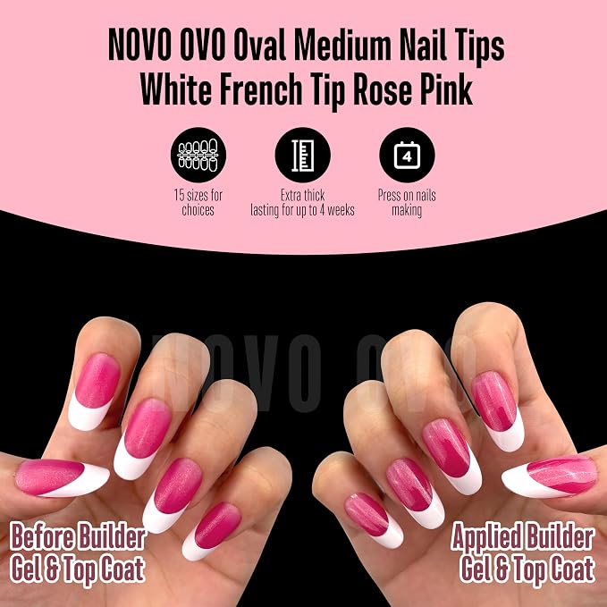 NOVO OVO White French Tip Oval Nail Tips Press on ROSE PINK, Extra Thick Medium Soft Gel Fake Nail Acrylic Extension, Need Builder Gel Top Coat, No Glue Included, for Salon DIY x 15 Sizes 240 pcs