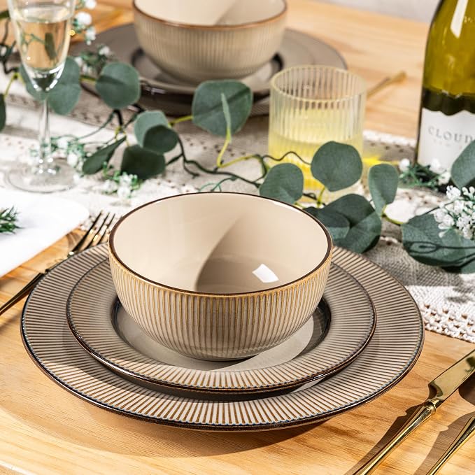 GBHOME Ceramic Dinnerware Sets of 4,12 pcs Plates and Bowls Sets Dishes | Embossed Elegant Stoneware Dishes Set | Dishwasher & Microwave Safe | Service for 4