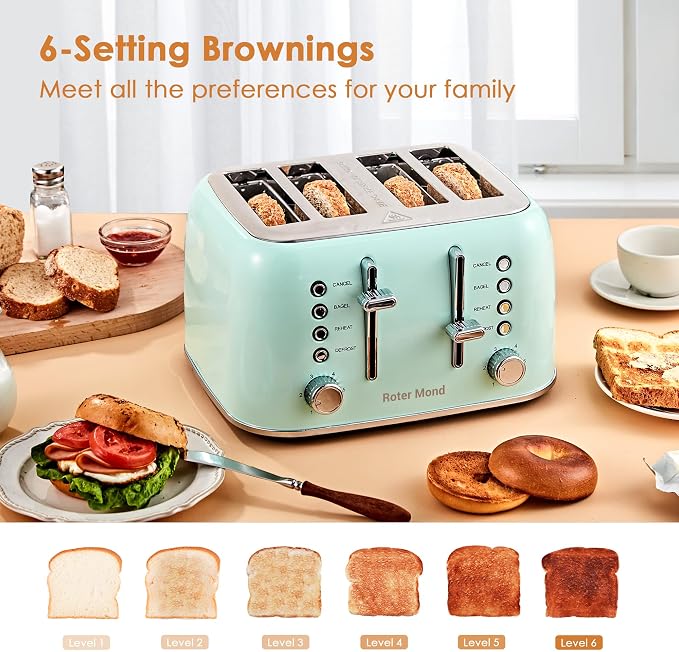 Roter Mond Toaster 4 Slice Retro Stainless Steel with Extra Wide Slots Bagel, Defrost, Reheat Function, Dual Independent Control Panel, Removable Crumb Tray, 6 Browning Levels, Aqua Green