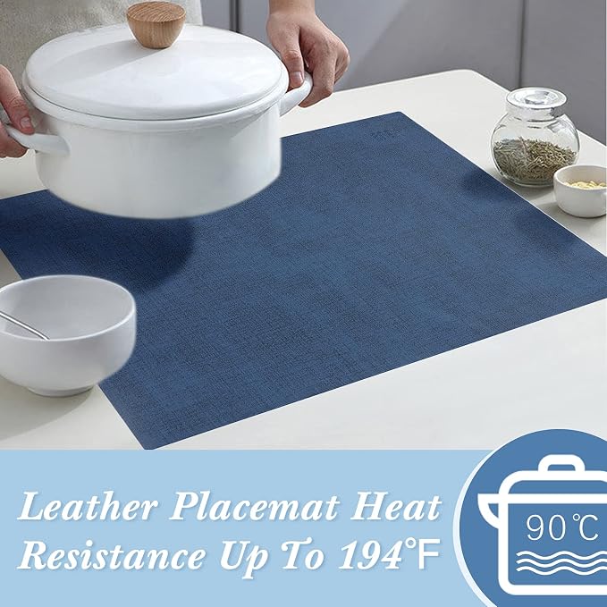 Leather Placemats Table Mats Set of 6, Navy Blue & Light Blue | Reversible Non-Slip Table Placemats, Heat-Resistant and Waterproof for Dining Kitchen and Holiday Parties