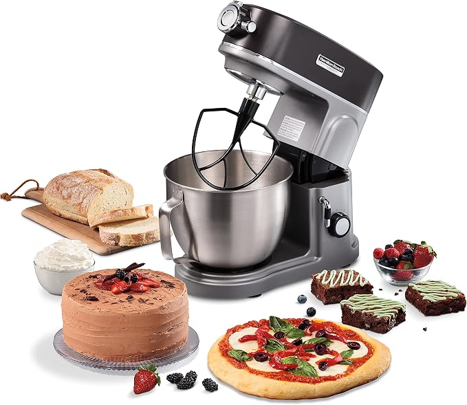Hamilton Beach Professional All-Metal 5 Qt Stand Mixer With 12 Speeds | Stainless Steel Bowl | 450 Watts| Attachment Hub | Flat Beater, Dough Hook, Whisk | Tilt-Back Head | Stainless Steel | 63240