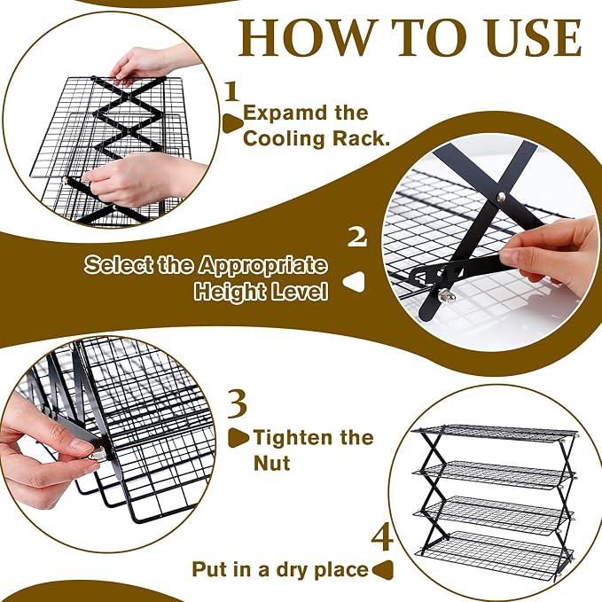 4 Tier Cooling Rack, Adjustable Collapsible Stainless Steel Baking Rack | Tight-Mesh X-Frame Stand for Cookies, Bread, Cakes, Pastries and Meal Prep