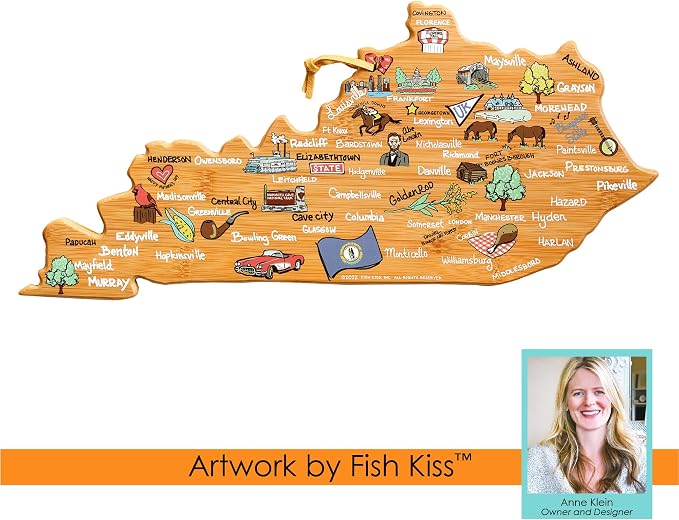 Totally Bamboo Kentucky State Shaped Cutting Board, Art by Fish Kiss | State charcuterie board with colorful hand-drawn map artwork. Smooth reverse side for food prep. Hang tie for wall display.