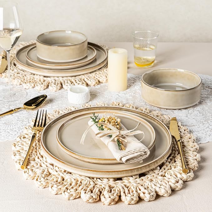 AmorArc Ceramic Dinnerware Sets for 8,24 Piece Plates and Bowls Sets Dishes | Stoneware Handmade Reactive Glaze Dishes Set | Highly Chip and Crack Resistant | Dishwasher & Microwave Safe