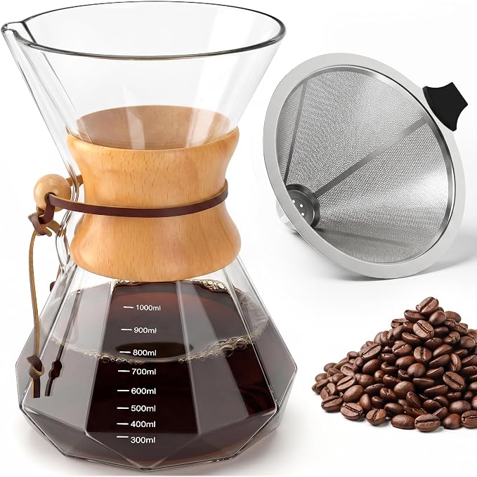 Pour Over Coffee Maker 34oz (1000ml), Borosilicate Glass Carafe with Wooden Handle & Diamond-Shaped Body, Double Layer Stainless Steel Filter, Drip Coffee Brewer for Home Camping Hiking