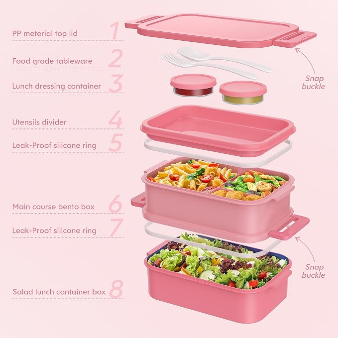 Bento Lunch Box for Adults - 3 Layers Leak-Proof Stackable Bento Box for Adults, 72oz Large-Style All-in-One Adult Lunchbox Bento Box with Utensil Accessories for Dining Out,Work, Pink