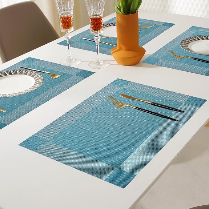Vinyl Placemats Heat-Resistant Table Mats Washable Easy Clean Plastic Placemat for Kitchen Dining Table Set of 6 Indoor Outdoor (Baby Blue)