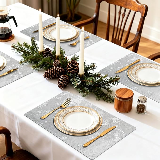 Faux Leather Placemats Set of 4, 11.8"x17.7", Silver-Gray | Reversible Table Mats, Waterproof, Stain & Heat Resistant, Easy Clean for Dining, Gatherings, Outdoor
