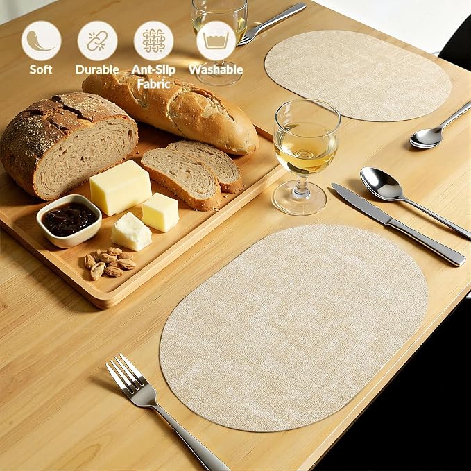 Placemats Set of 6, 11.8 x 17 Inch, Beige | Heat Resistant Oval Faux Leather Place Mats, Waterproof Wipeable Reversible PU Placemat, Indoor & Outdoor