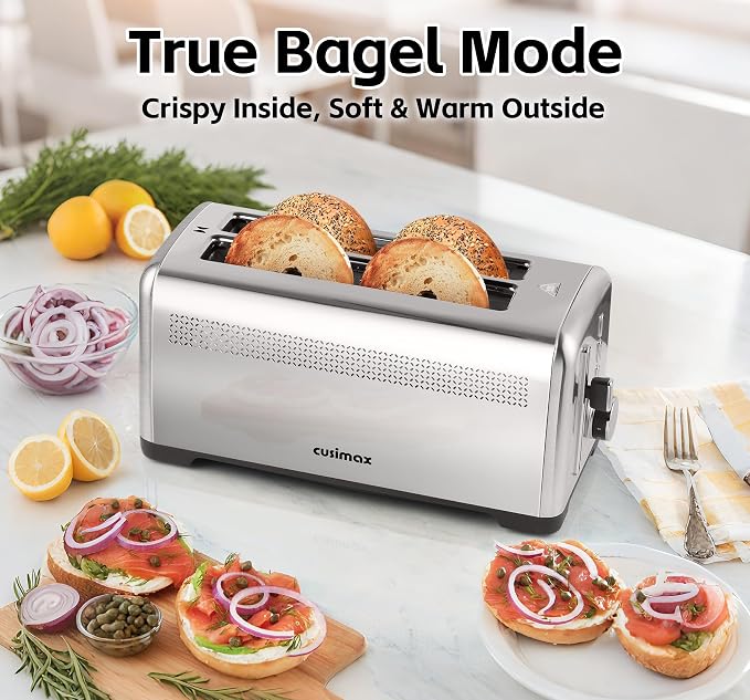 4 Slice Toaster, CUSIMAX Long Slot Toaster for Sourdough, Stainless Steel | High-Lift Quick Glance, Bagel, Defrost & Cancel, 9 Browning Levels, Extra-Long Slots Fit Artisan Bread & Thick Texas Toast