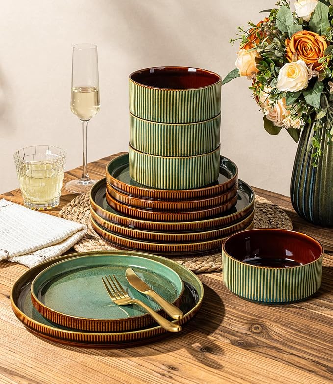 GBHOME Stoneware Dinnerware Sets for 4, 12 Pieces Plates and Bowls Set | Lightweight Ceramic Ribbed Dishes,Reactive Glaze Stackable Plate Set,Scratch Resistant,Microwave Dishwasher Safe,Maroon Olive