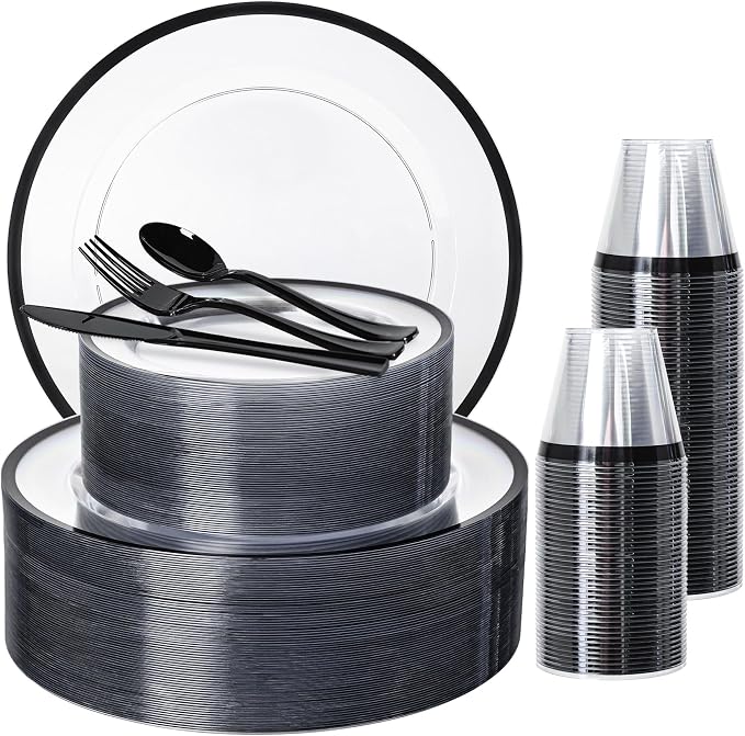 600PCS Clear Black Plastic Plates, Disposable Dinnerware Set for Party | 100 Guest, 100 Dinner & Dessert Plates, Forks, Spoons, Knives, Cups, Black Rim, for Halloween Graduation Labor Day