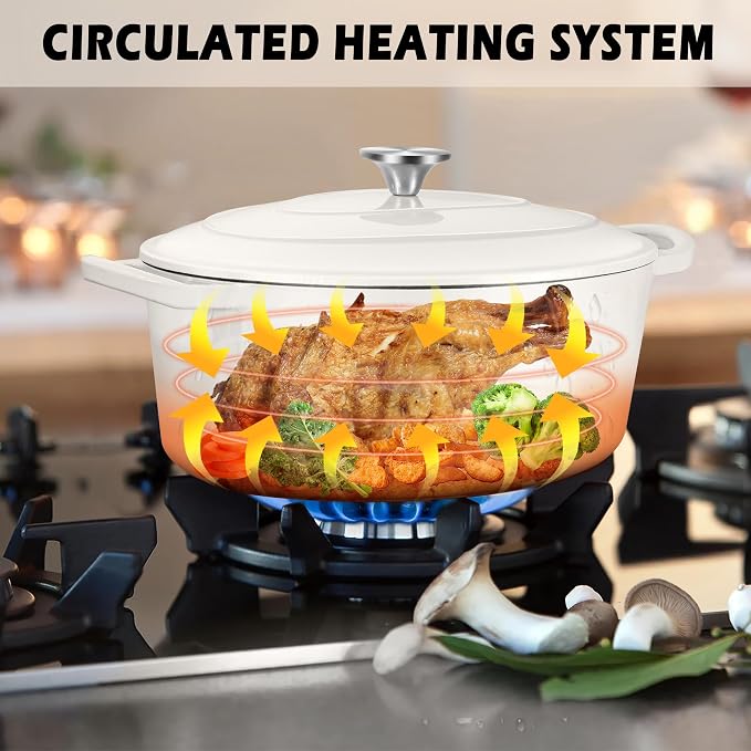 TeamFar Oval Dutch Oven, 5qt Enameled Cast Iron Dutch Oven Pot with Lid | For Bread Baking/Stewing/Braising/Frying, Suitable for Various Stoves, Non-stick & Easy Clean, White