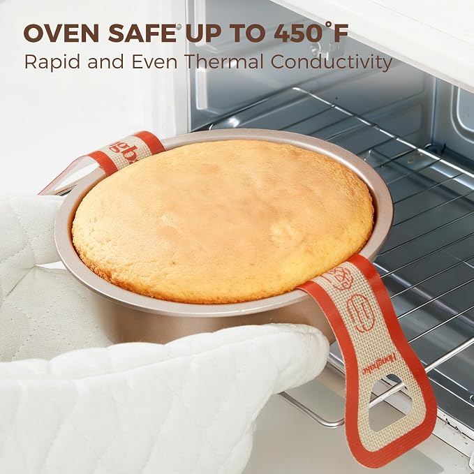 8 Inch Round Cake Pan Set for Baking with 2 Pcs Silicone Baking Sling Mats, Nonstick Circle Cake Pans Set of 2, 2.5" Deeper Layer Cake Tin for Oven, Cheesecake Mold, Huty Duty, Golden
