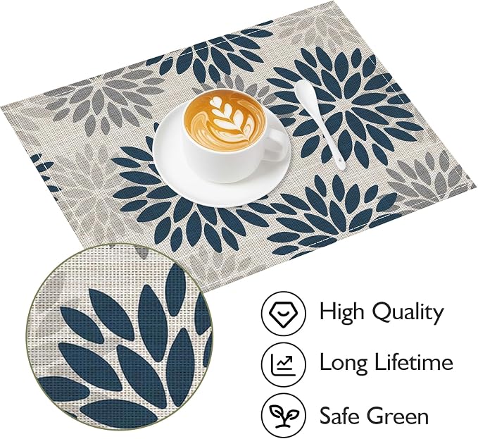 Dahlia Aqua Floral Pinnata Flower Placemats Set of 4, 12x18 Inch Washable Easy to Clean Heat-Resistant Anti-Skid Grey Placemats for Holiday Party Kitchen