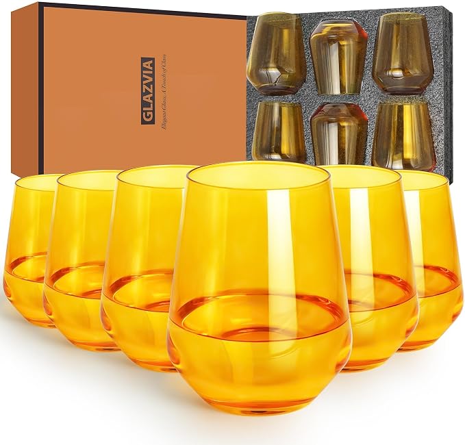 Amber Stemless Wine Glasses Set of 6, 15oz Drinking Glassware Dishwasher Safe, Wine Glass Tumblers for Red or White, Gift for Party, Holiday, Anniversary, Restaurant, Home Bar, Daily Use