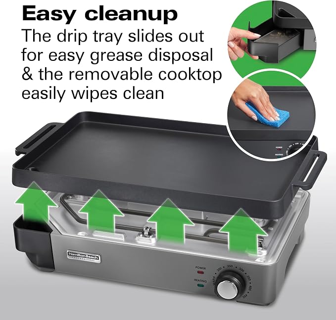 Hamilton Beach Professional Cast Iron Electric Griddle & Indoor Grill | Durable 10" x 16" Preseasoned Cooking Surface | Adjustable Temperature up to 450° F | Black | 38560