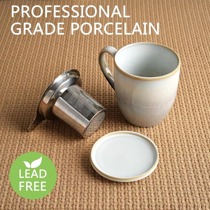 Bosmarlin Ceramic Tea Cup with Infuser and Lid, 16 Oz, 3 Colors to Choose, Dishwasher and Microwave Safe, Reactive Glaze, Steeping Tea Mug with Strainer (16 Oz, Grey White)