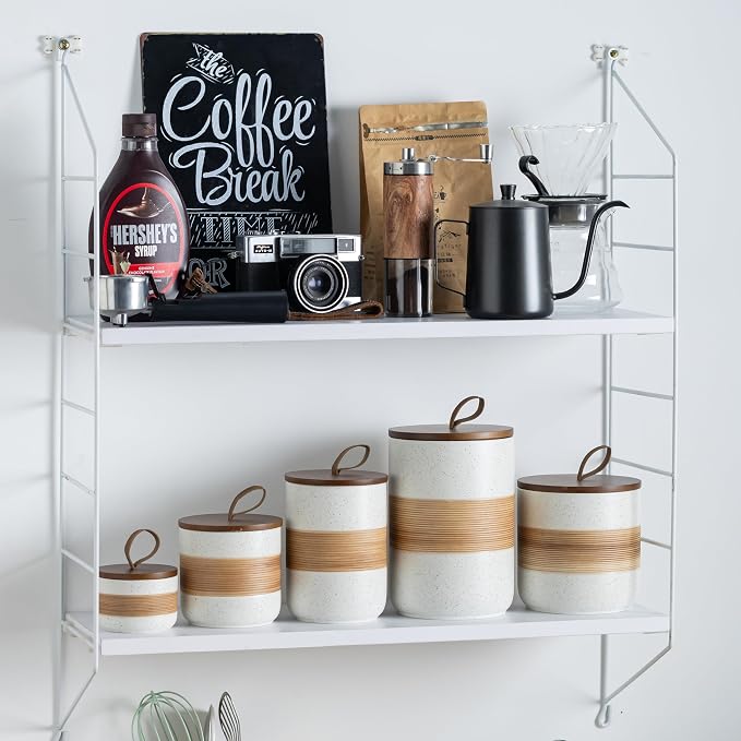 Miamolo Ceramic Jar with Lid, Coffee Container Kitchen Food Storage Jars for Spice Sugar Tea Bag, Stackable Decorative Jars for Countertop, White & 18 fl.oz