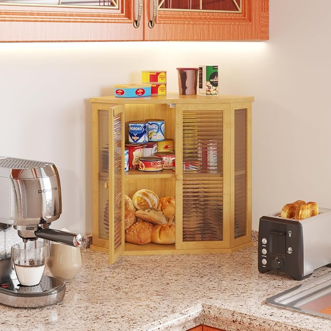 Extra Large Corner Bread Box for Kitchen Countertop, 16.5 inch Bamboo Double Layer Bread Storage with Glass Wavy Door Panel, Eco-Friendly and Stylish Design(Bamboo)